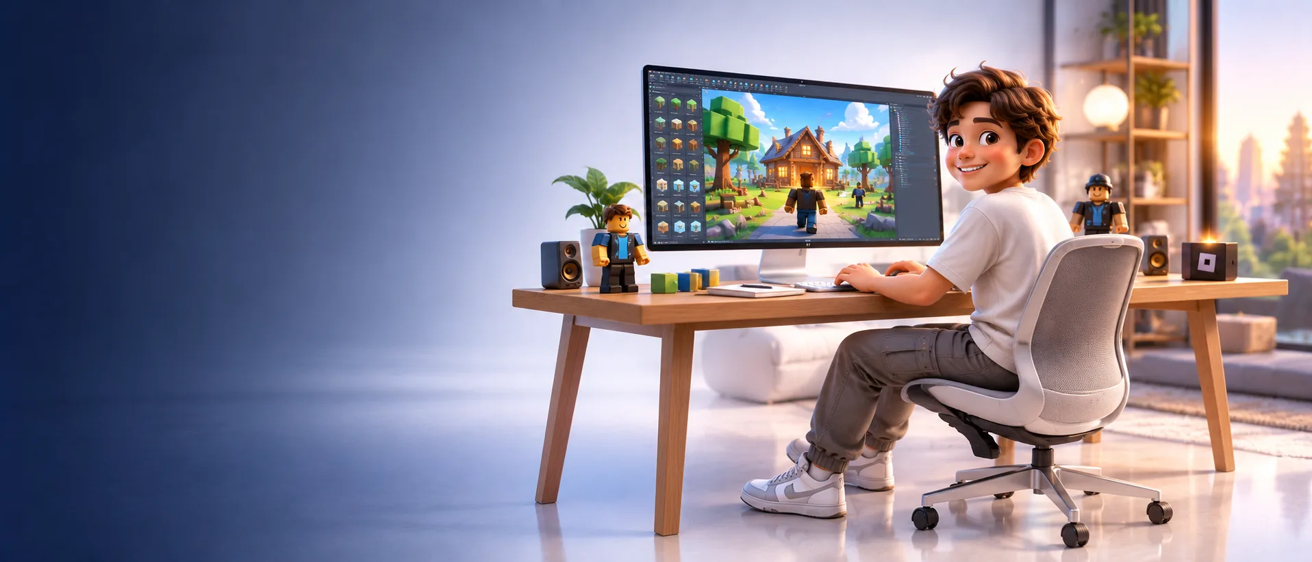 Ребёнок создаёт 3D-игру в Roblox Studio: на экране видно сцену с персонажами, вокруг — игрушки из Roblox