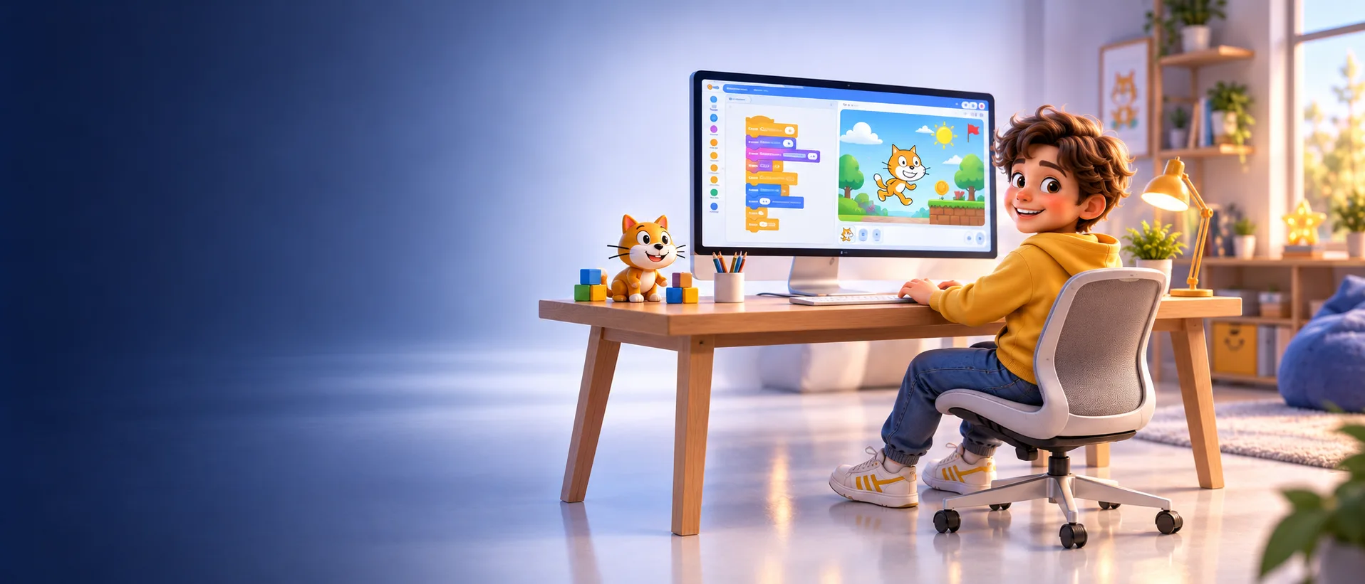 Ребёнок 10 лет создаёт игру в Scratch — на экране виден проект, вокруг игрушки и элементы из мира программирования