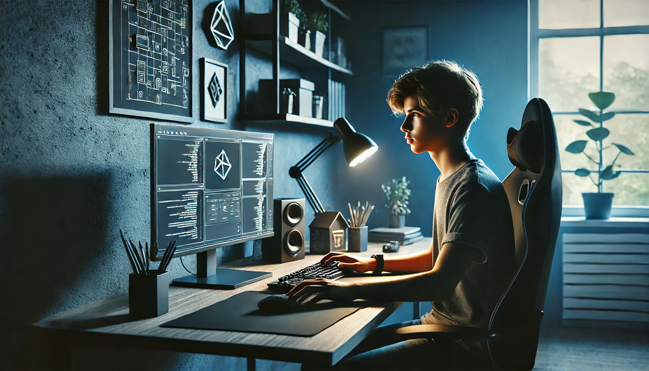 Подросток создаёт 3D-игру в Unity: на экране открыт игровой проект, идёт программирование на C#